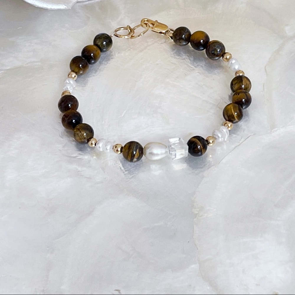 Tiger Eye Stone Bead Fresh Water Pearl Beaded Bracelet Sz S 6” Strength Calming
